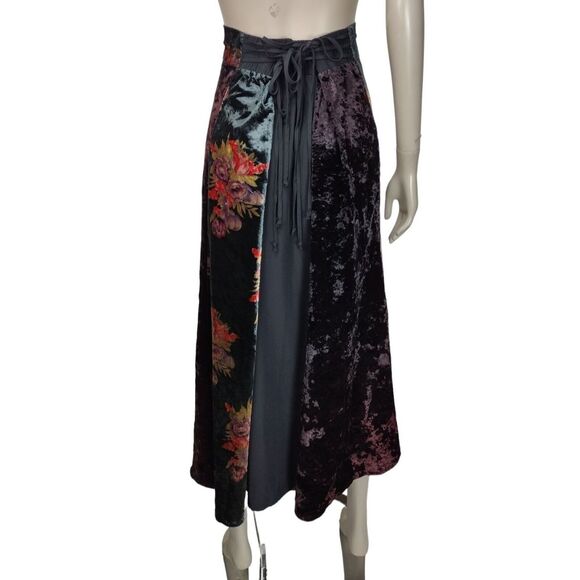 Vintage 90s Black Velvet Burgundy Floral Paneled Gypsy Bohemian Long Maxi Skirt - Picture 8 of 12